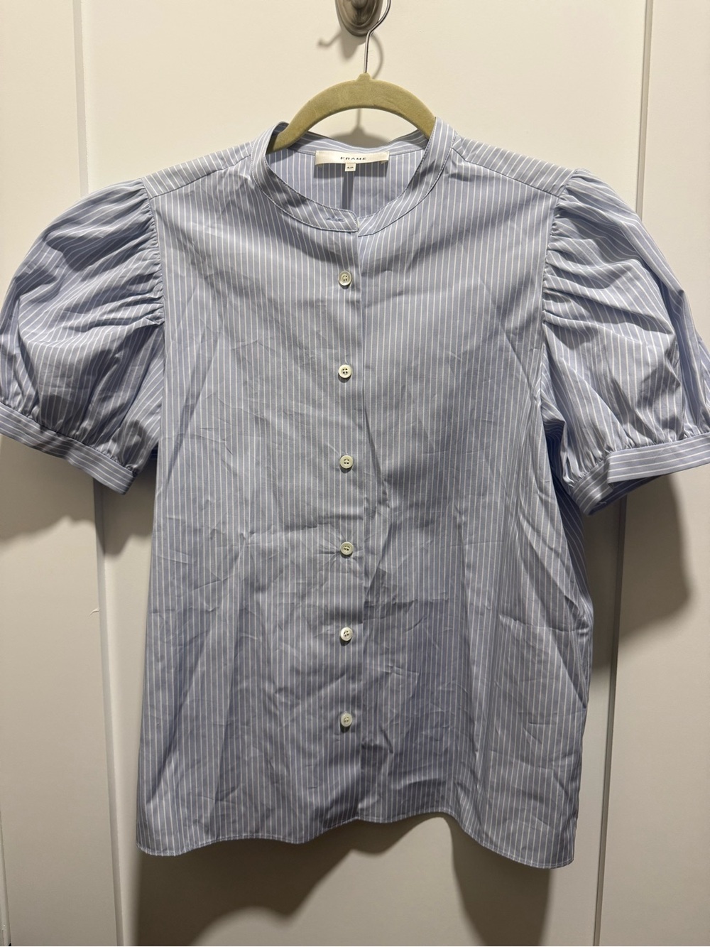 Frame Denim Light Blue Pinstripe Puff Sleeve Button Down Shirt